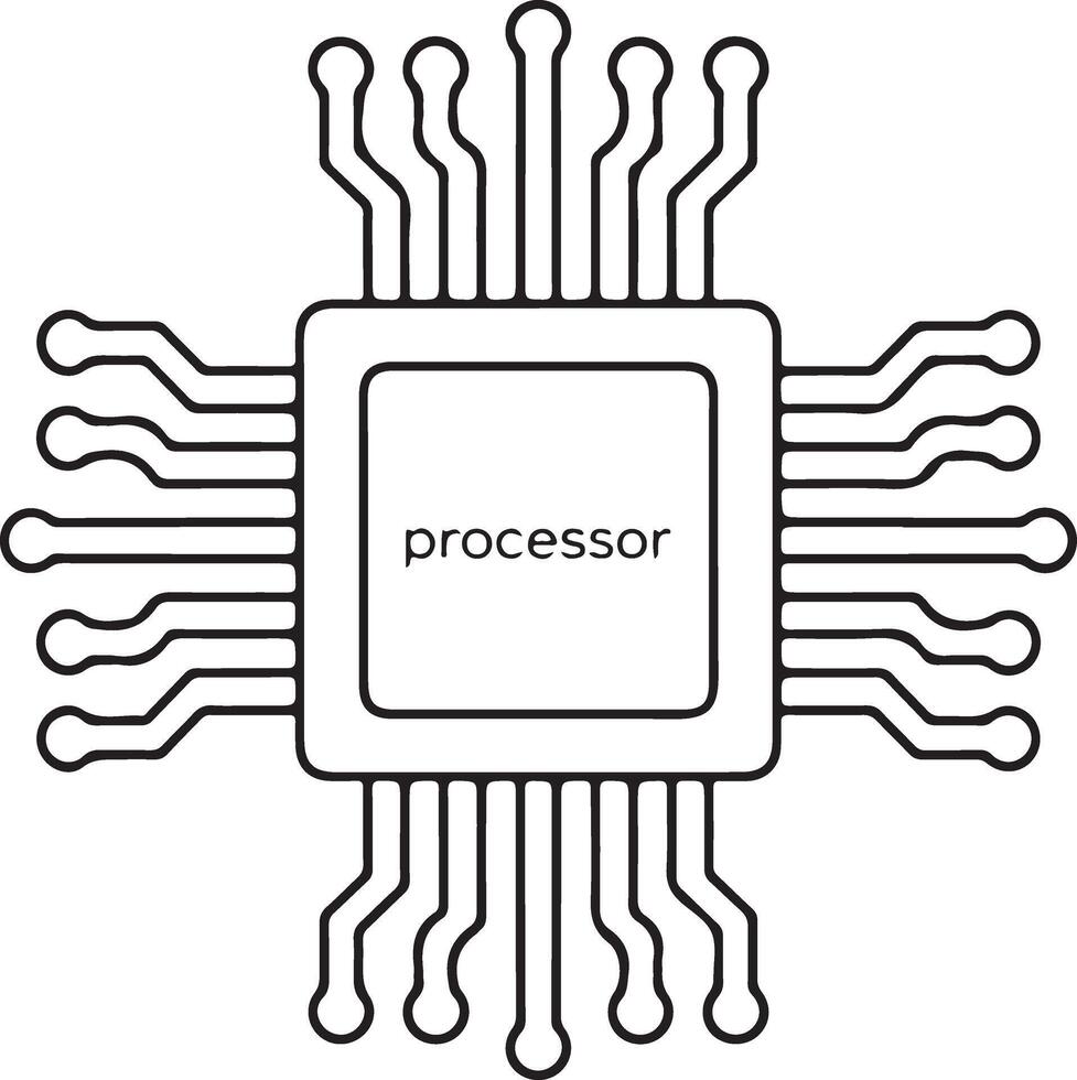 Stylized black and white illustration of a central processing unit chip with the word processor inside vector
