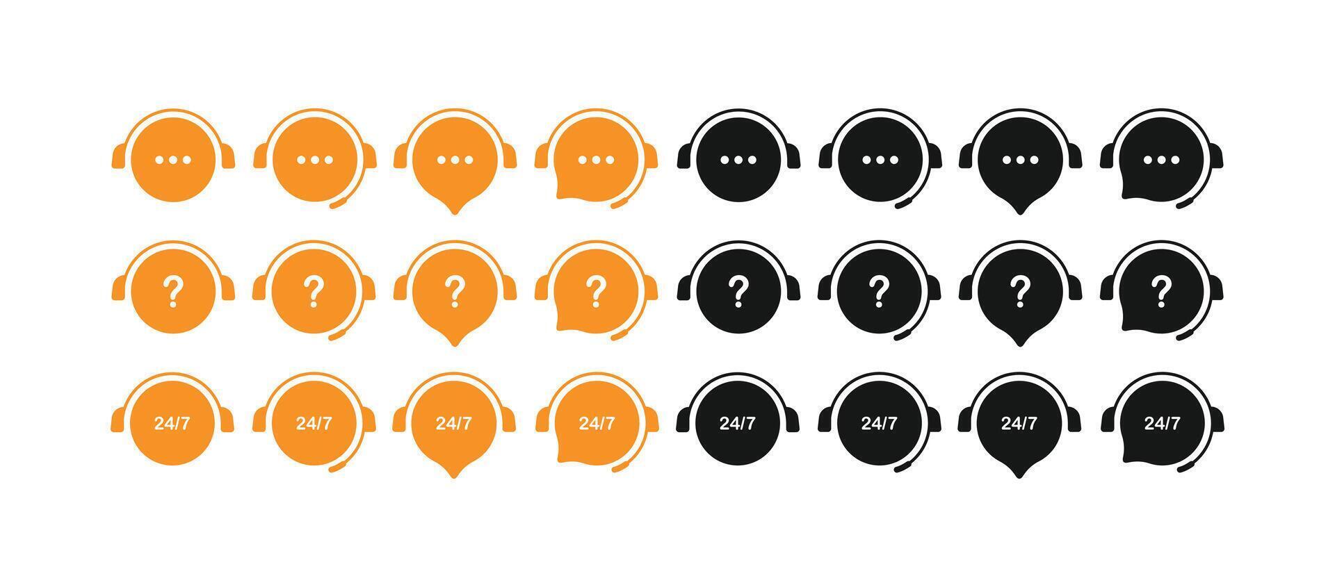 Customer support icons set, headset with message, question mark, and 24 hours 7 day service symbols vector