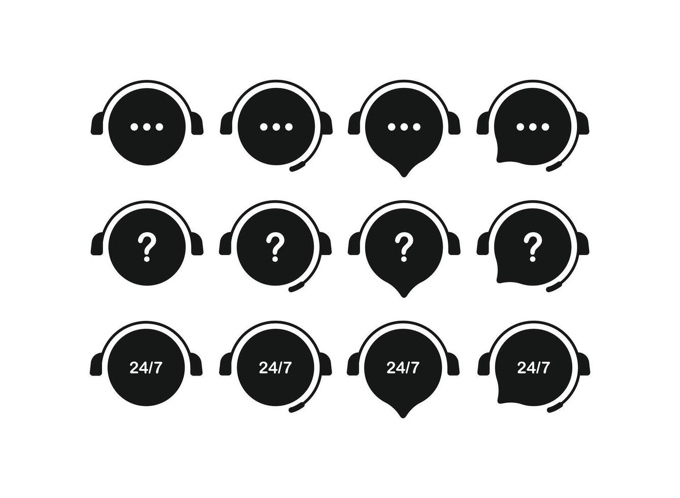 Black and white icon set for customer support services. It includes icons with a headset, question mark, and 24h 7d text in various speech bubble and circle shapes, perfect for websites or apps vector
