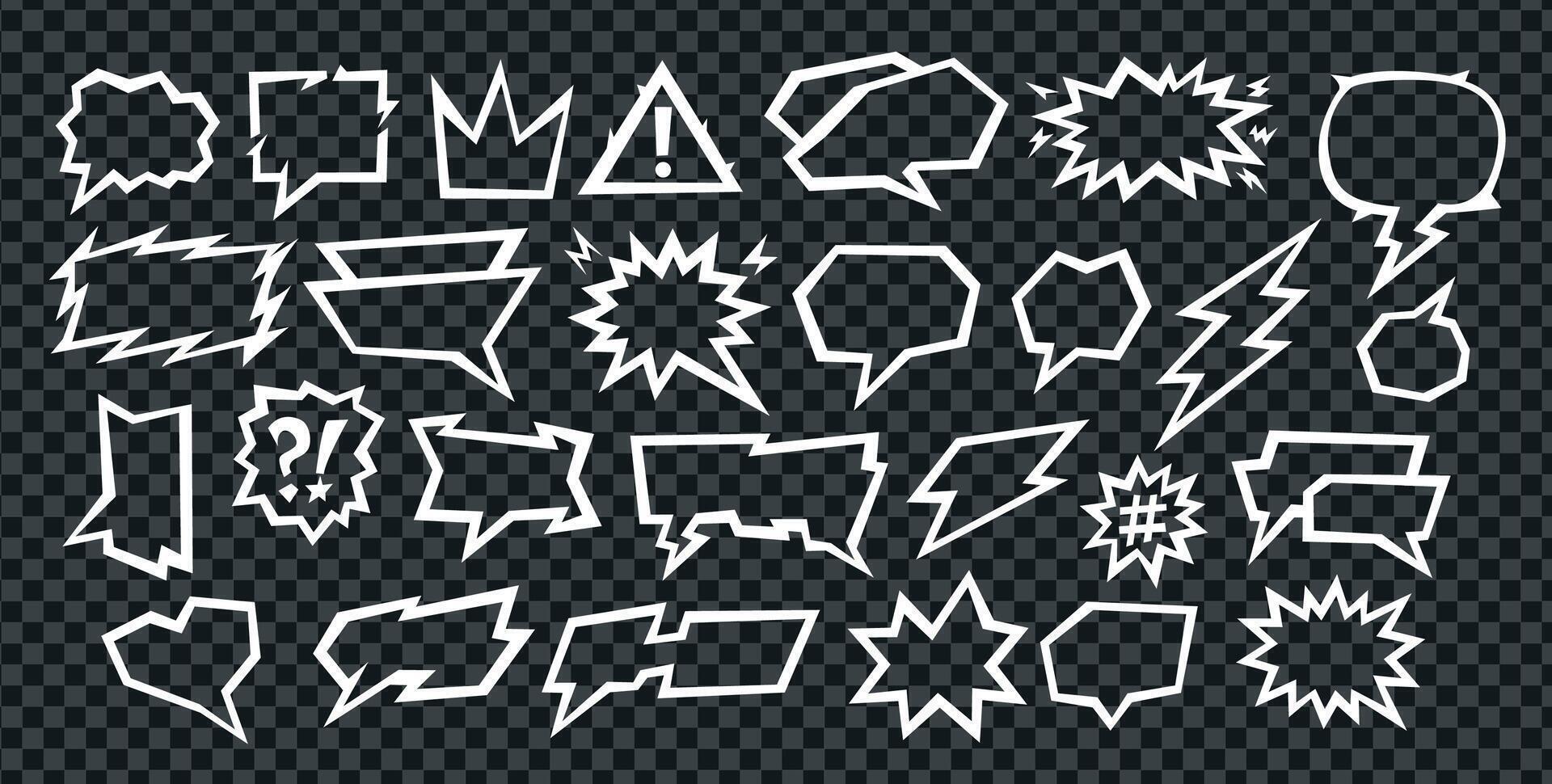 A manga speech comic style places text in a talk box balloon with bold frame lines. Manga speech set features outline chat bubbles, cartoon dialog shapes and elements for simple bg design. vector