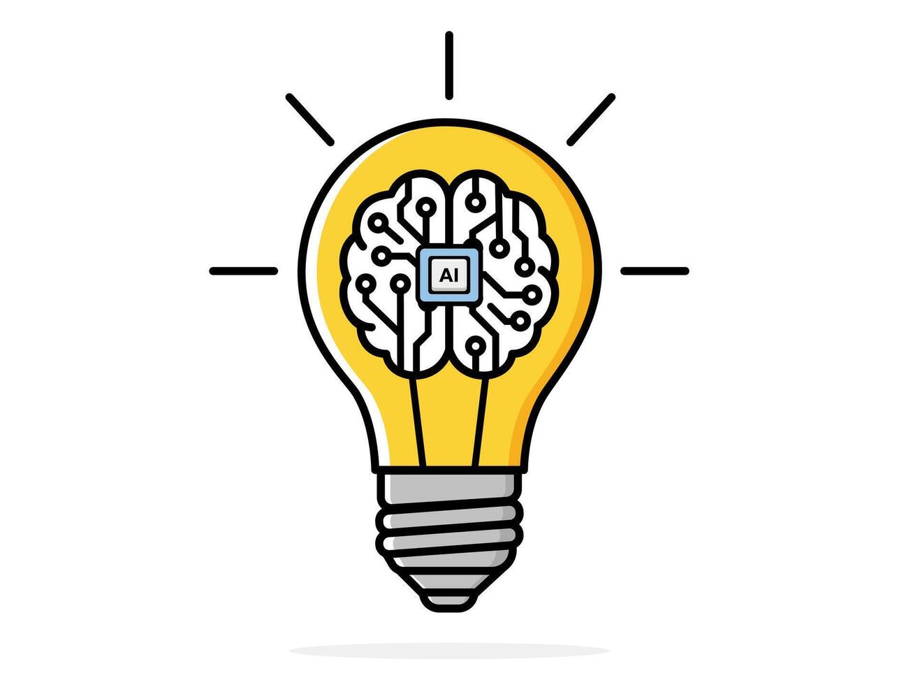 AI innovation and creative ideas. An icon of a light bulb with an AI circuit board brain inside, symbolizing artificial intelligence's role in generating new concepts and intelligent insights. vector