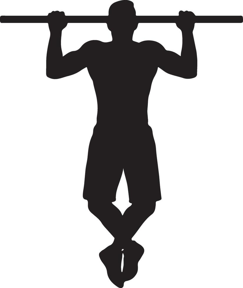 Dynamic silhouette of a muscular man executing a strength building pull up exercise on a horizontal bar vector