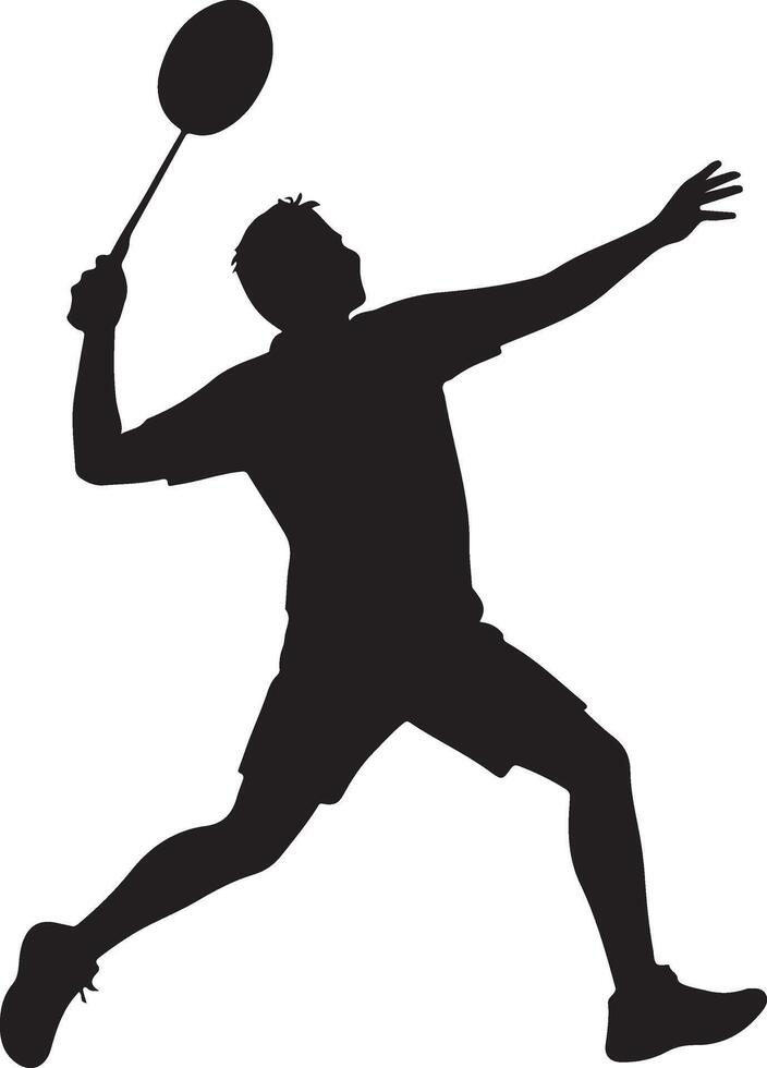 Dynamic silhouette of a male badminton player executing a powerful smash during a competitive match vector