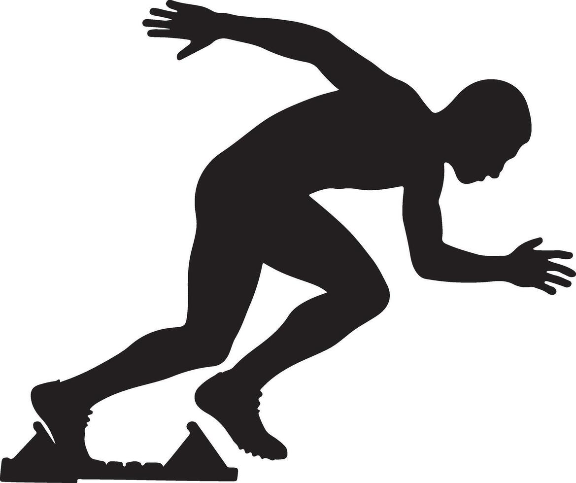Dynamic silhouette of an athlete in starting blocks poised for an explosive sprint capturing the essence of athletic readiness and speed vector
