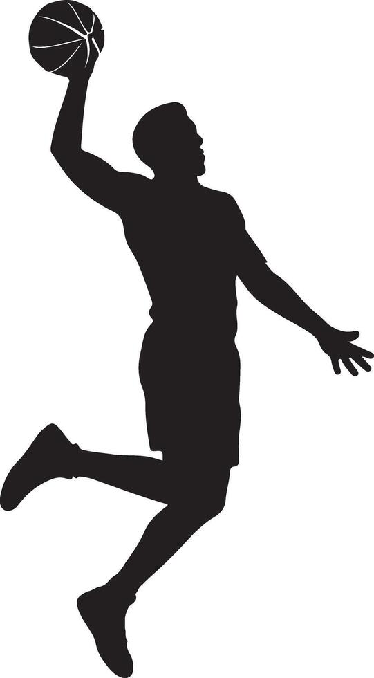 Dynamic silhouette of a basketball player in mid air executing a powerful dunk shot against a clean background vector