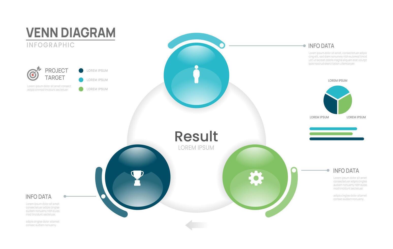 Venn diagram business infographic chart glass circle template 3 steps options, presentation with venn diagram elements illustration. vector