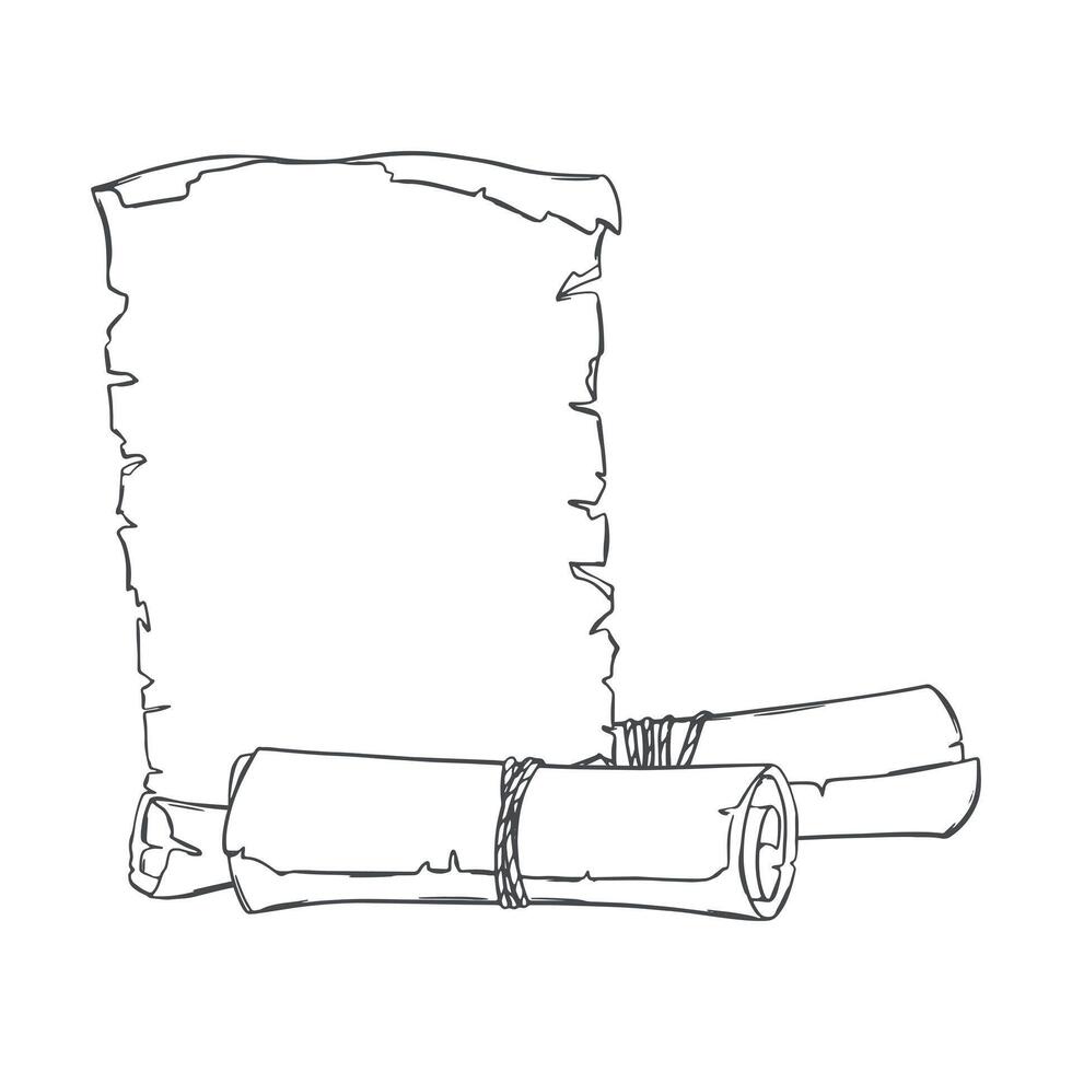 sketch of an old sheet of paper and scrolls rolled into a roll. Ancient manuscript. Empty template for text in antique style. Imitation of engraving technique. Linear drawing in ink. vector