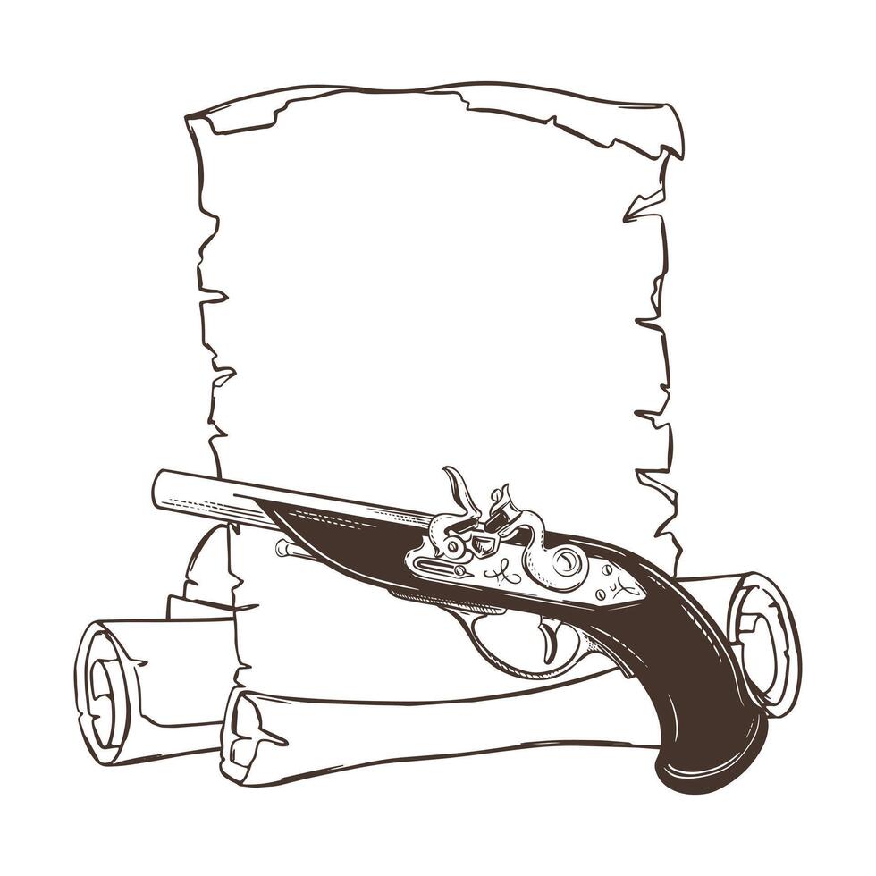 sketch of old paper sheet and rolled scrolls. Antique flintlock pistol with wooden handle. Blank template for text required. Linear ink drawing. Pirate and filibusters weapon. vector