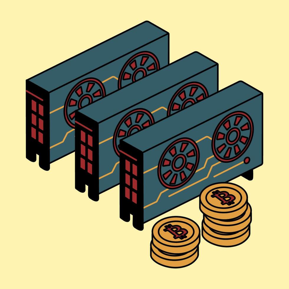 three graphics cards arranged for cryptocurrency mining with stacks of Bitcoin coins on a yellow background, symbolizing GPU mining and digital asset generation vector