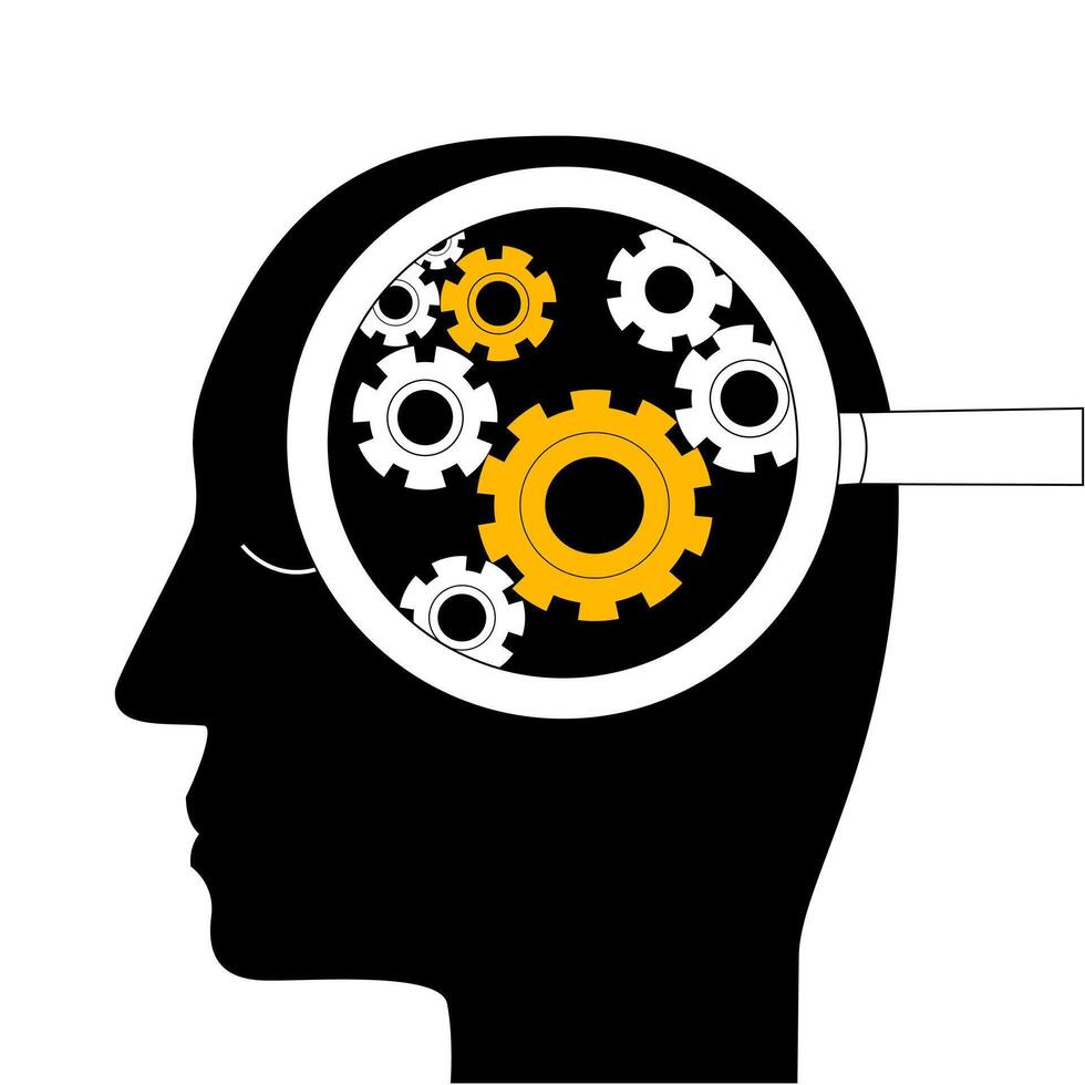 Mechanisms in the brain under a magnifying glass. illustration in a simple style. vector