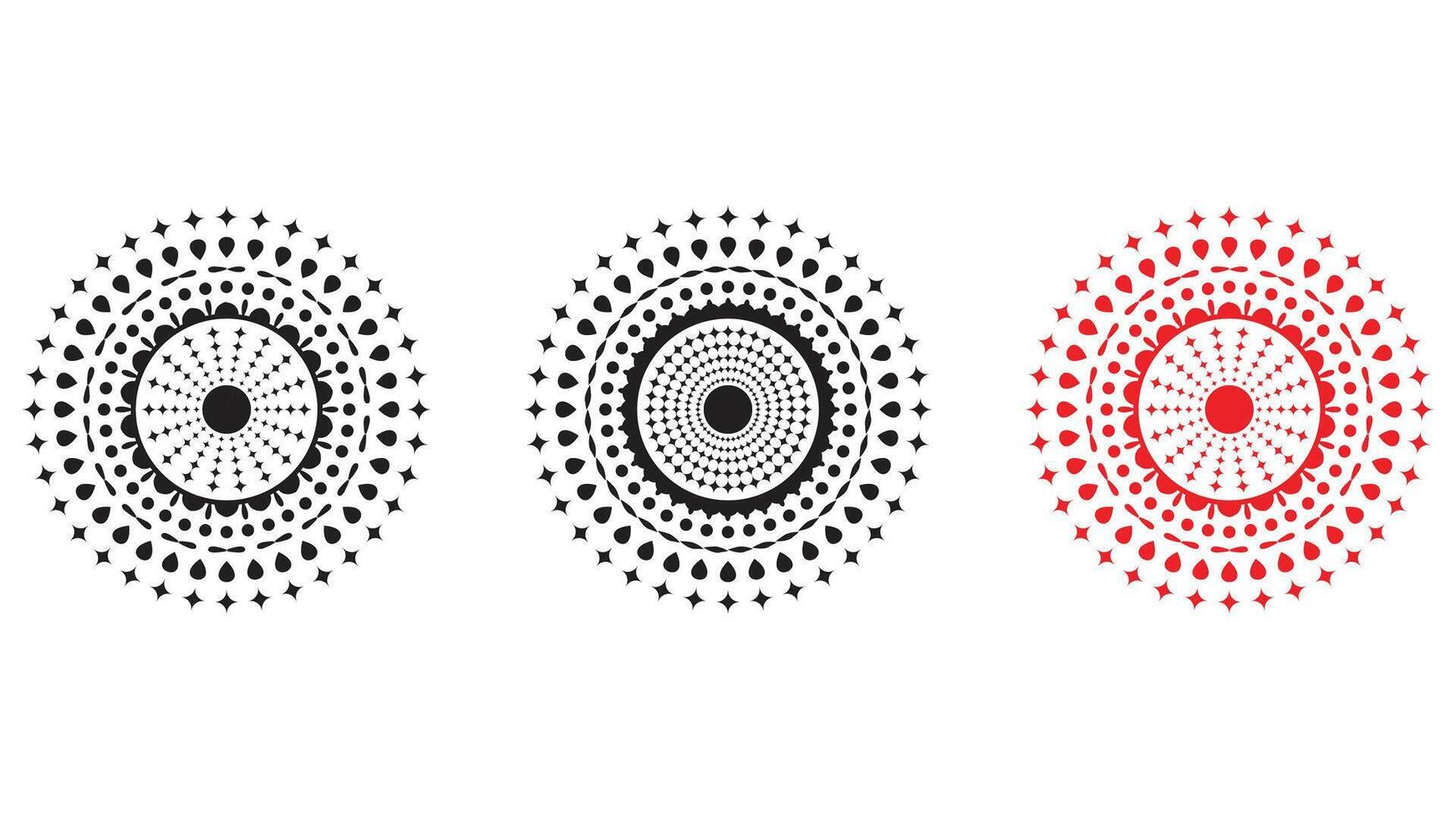 Geometric mandala ornament set with abstract dotted circular patterns in black and red for decorative art ethnic tattoo and modern background vector