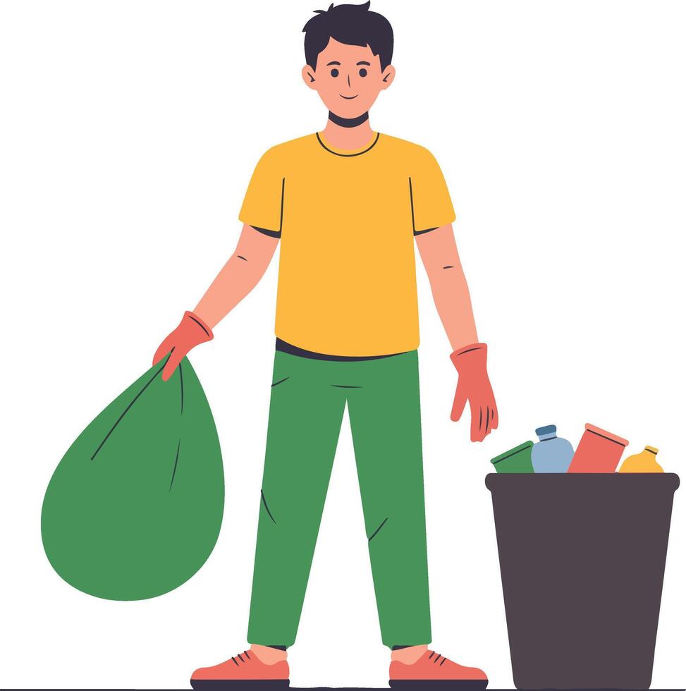 Man with garbage bag and trash can vector