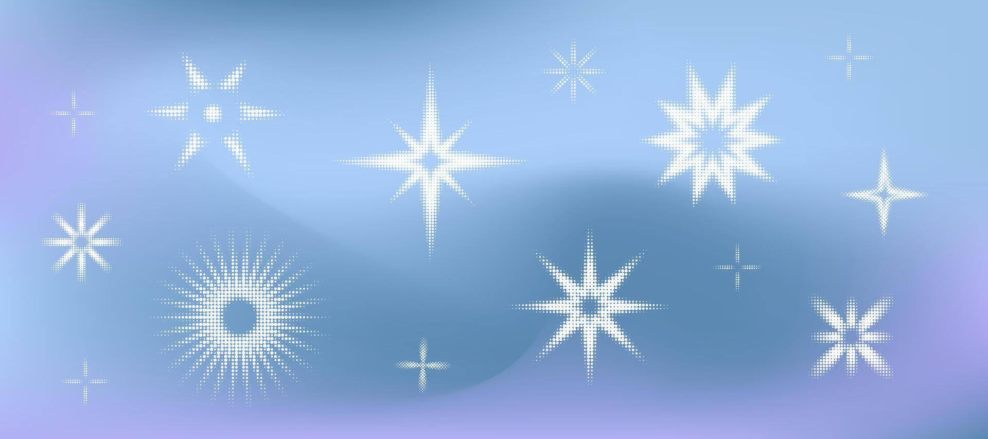 Gradient background with twinkle halftone stars shape. Dotted grain starburst collection on blue mesh in y2k pop style vector