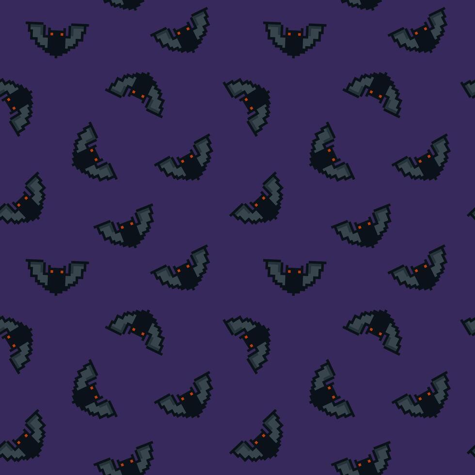 Seamless pixel art pattern featuring dark bats with glowing red eyes on a deep purple background vector