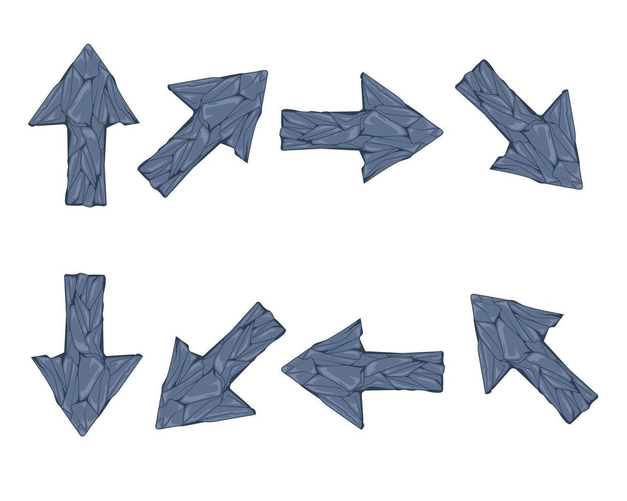 Stone arrow icon set in rock textured style, ideal for navigation design, fantasy game interface, map direction graphics, educational material, and decoration. vector