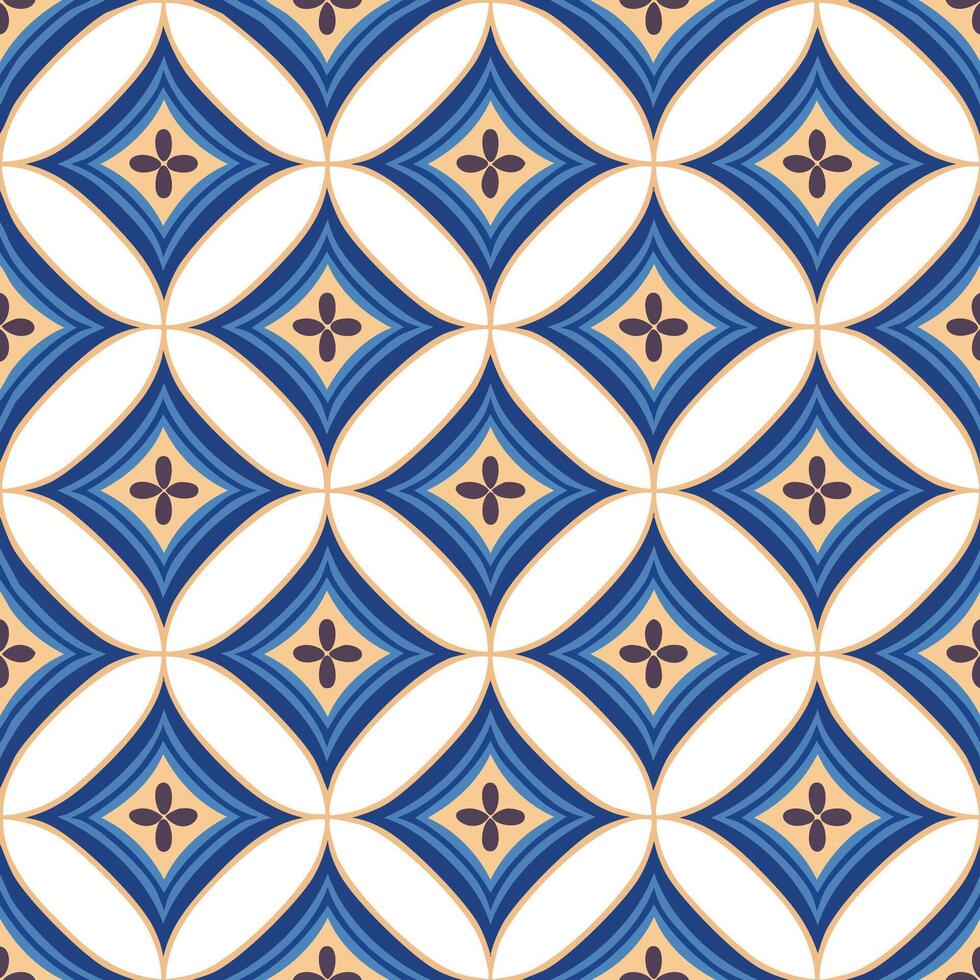 Intricate geometric seamless pattern featuring elegant blue and white interlocking ovals with delicate golden floral motifs, creating a captivating decorative background design vector