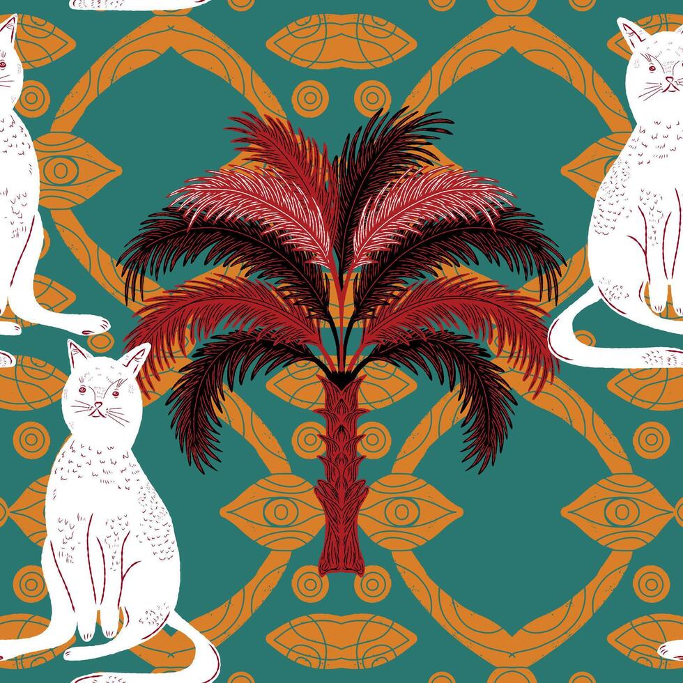 pattern with two cats and palm tree vector