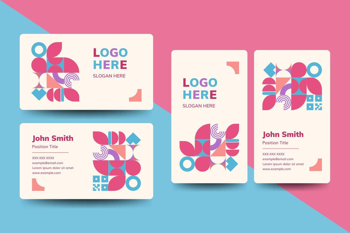 A bold set of business card templates with geometric shapes and creative layout. Ideal for branding, personal identity, and stylish professional use. vector