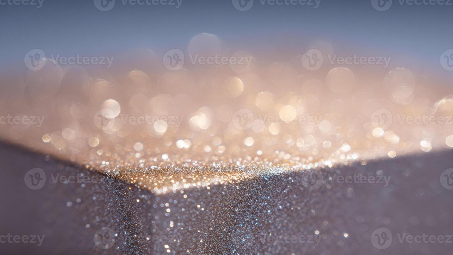 Close up intricate texture of gold glitter dust particles on surface. An abstract background with sparkle and light bokeh effect evokes festive, magical feeling photo