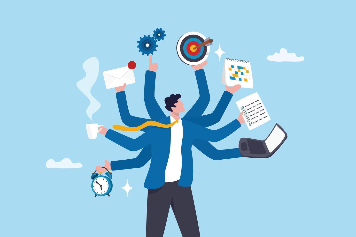 Multitasking busy entrepreneur, efficiency or productivity employee, skill or talent expert, work performance, utility or ability to work, businessman handle multiple tasks as multitasking routine. vector
