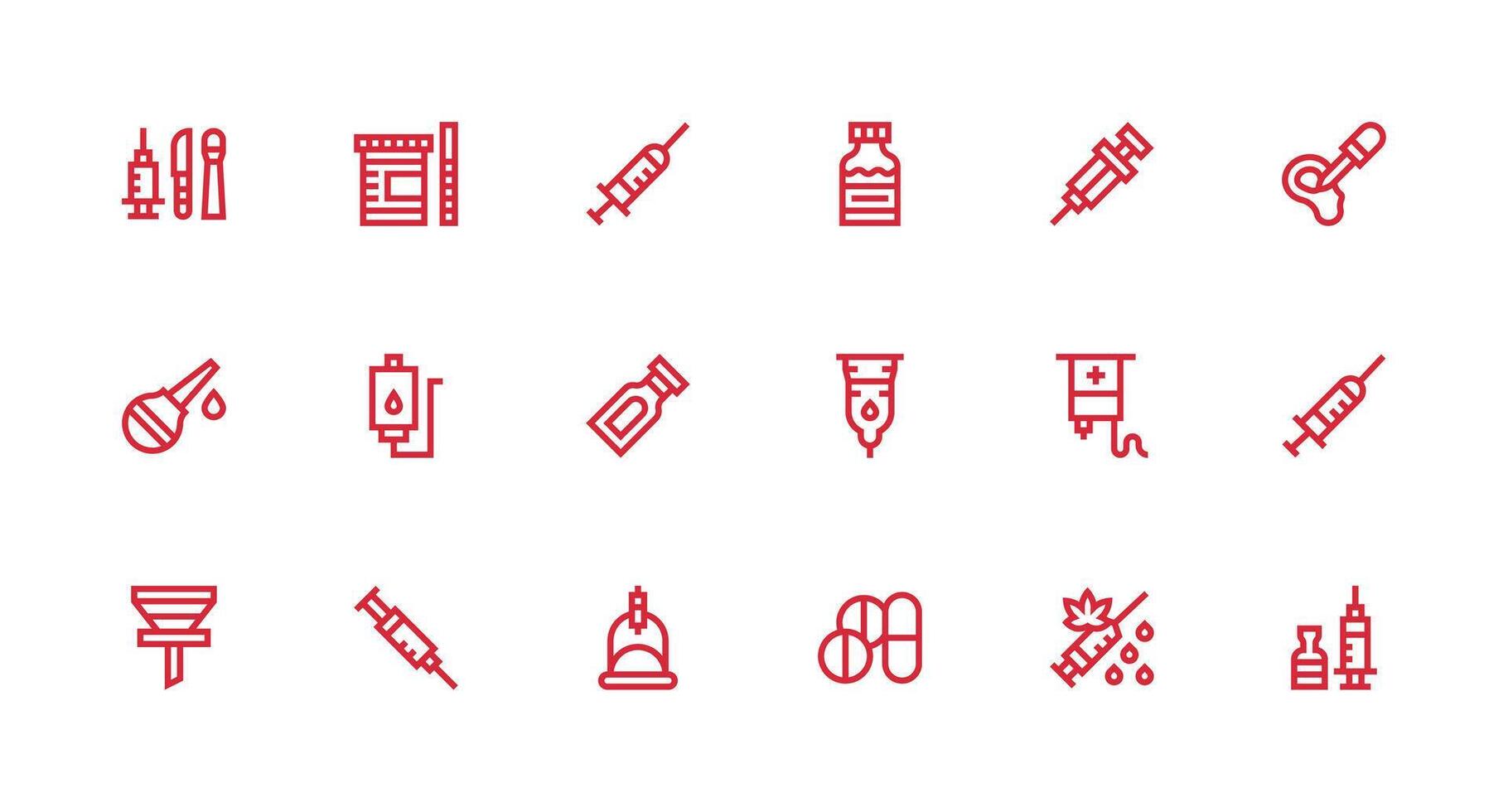 Syringe Design Icons featuring 18 in Strong Stroke Line Style Functional Icon Series vector