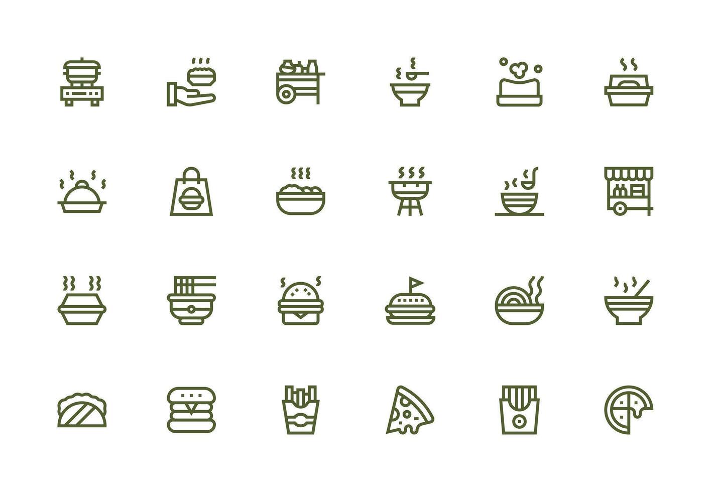 Hot Food Design Icons featuring 24 in Thick Line Line Style Simple Icons for Interface and Wireframes vector