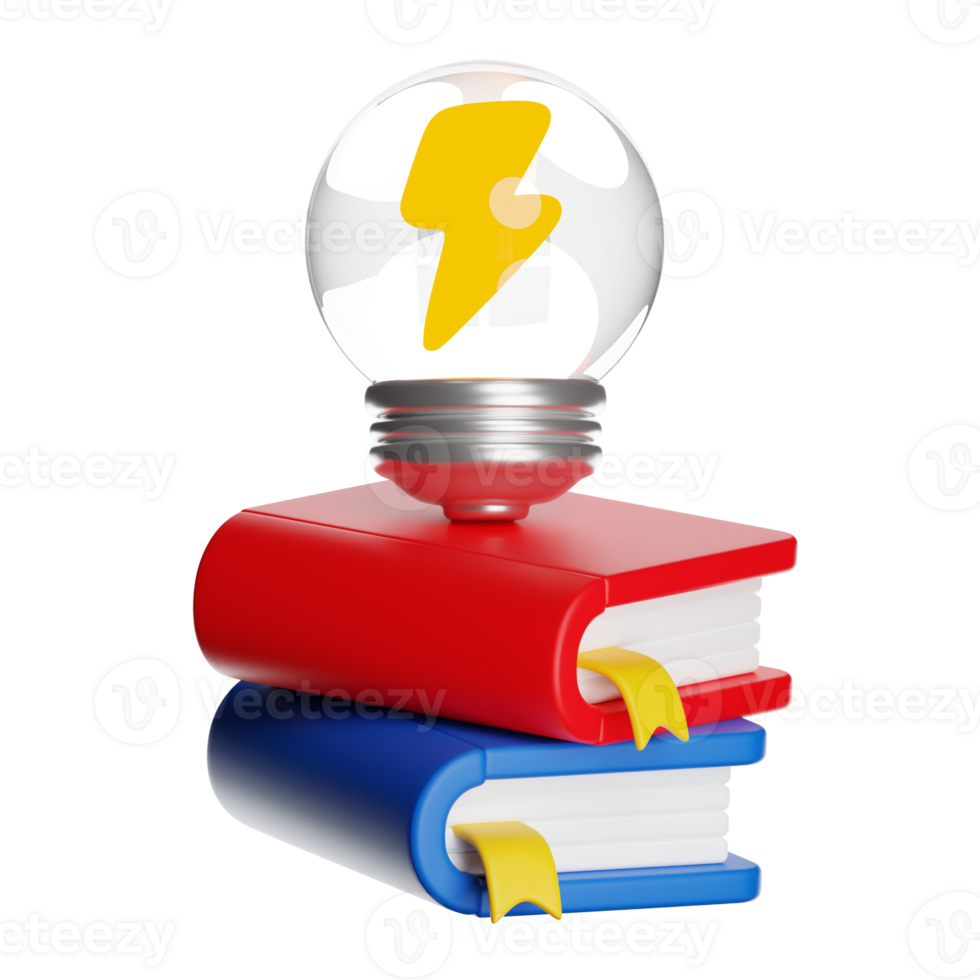 Light bulb with lightning bolt sitting on stack of books symbolizing knowledge and ideas on transparent background png