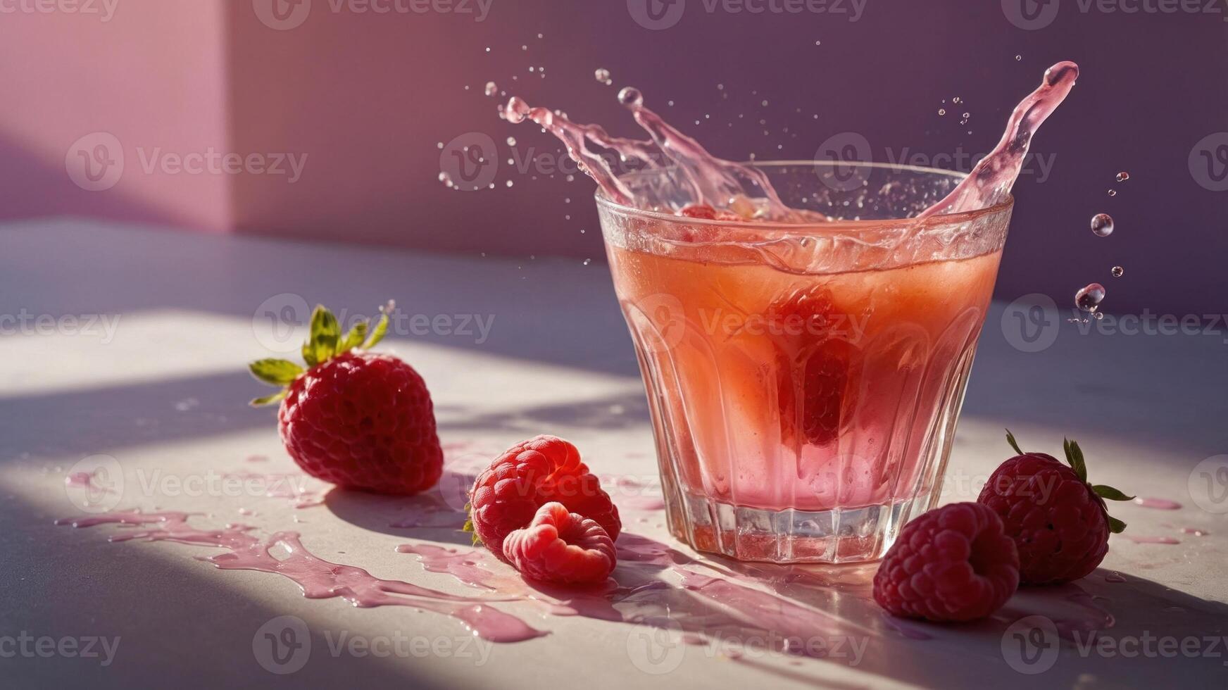 Refreshing raspberry drink splashing in a glass on a sunny table with raspberries scattered around photo