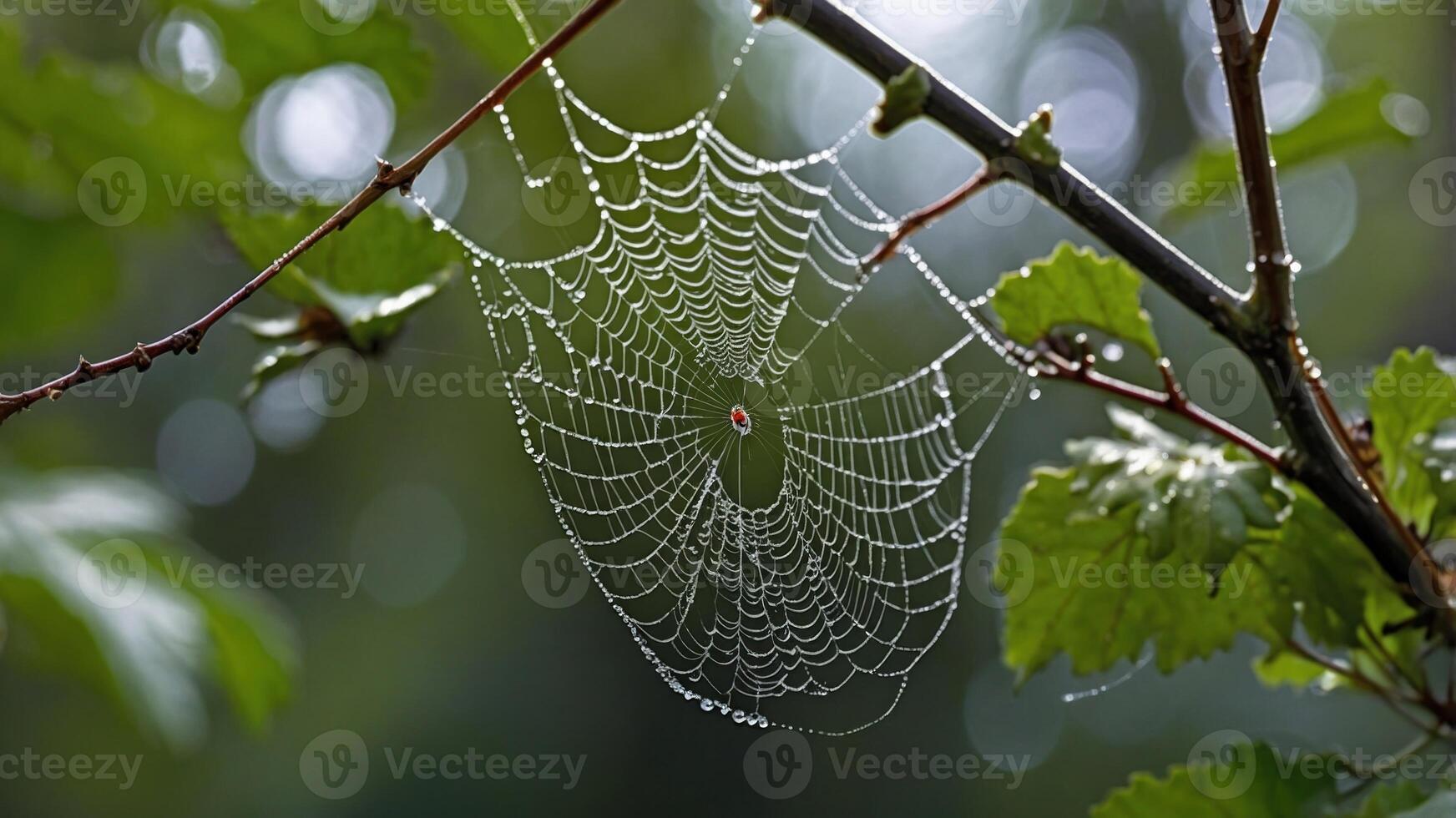 Intricate spider web adorned with dew drops, suspended between green branches in a serene forest photo