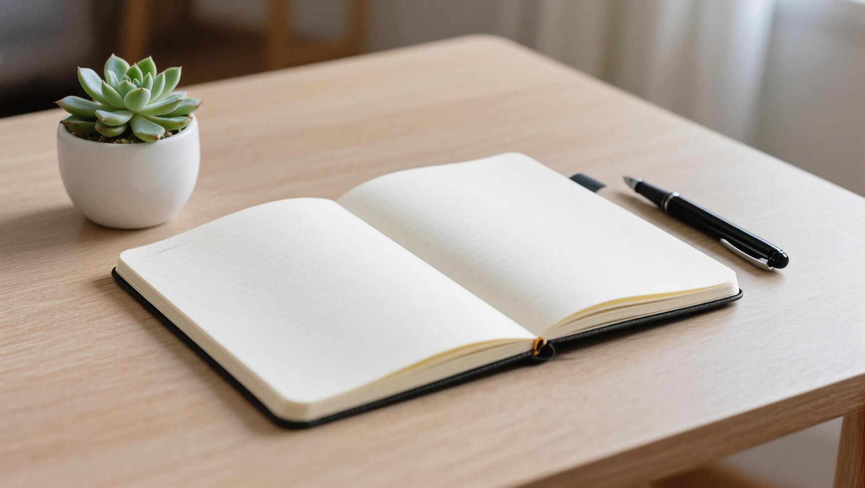 Open Notebook With Blank Pages and Writing Tools on Minimalist Wooden Table in Cozy Indoor Setting photo