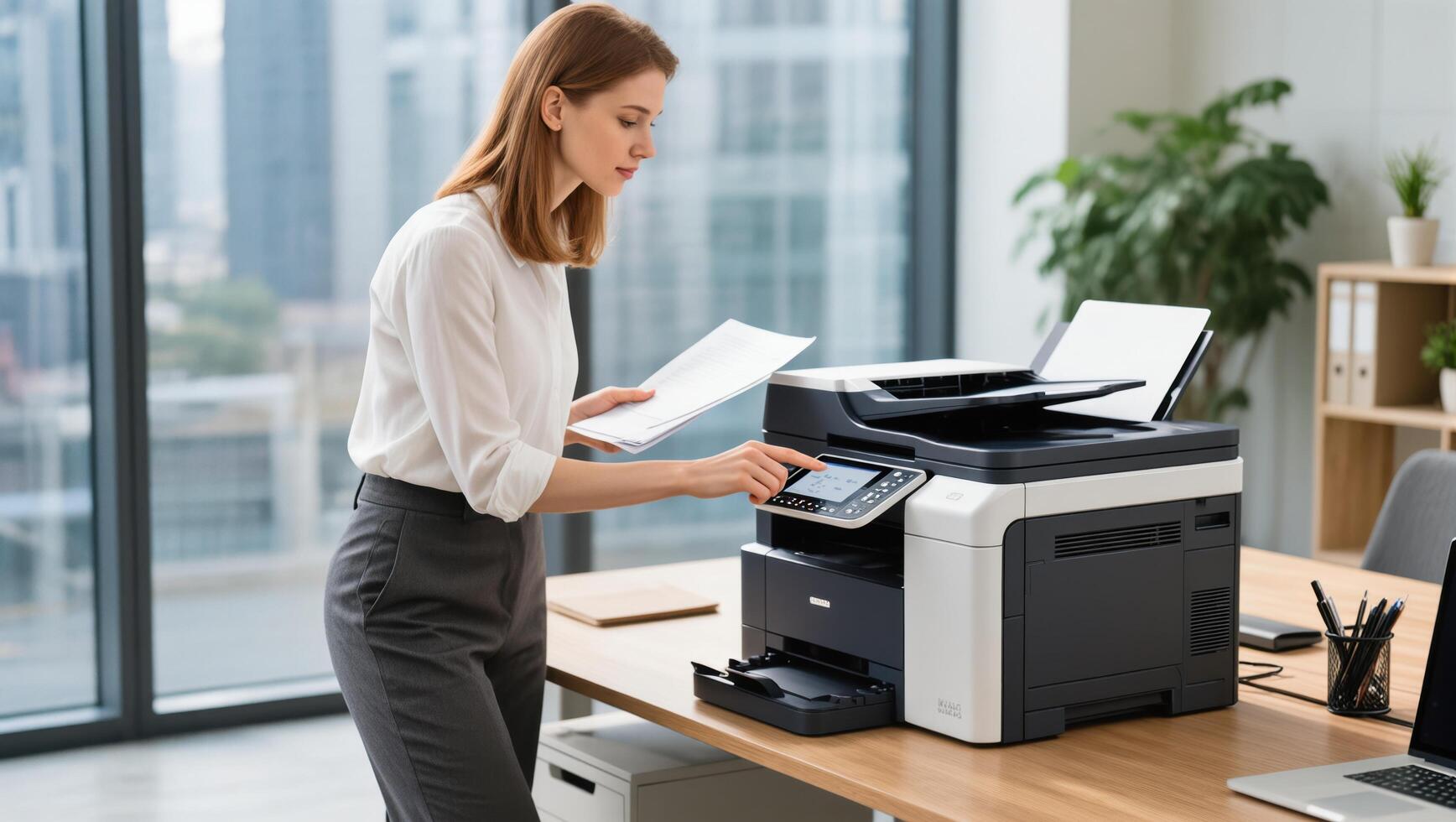 Office Worker Using Multifunction Printer for Document Management in Modern Workspace photo