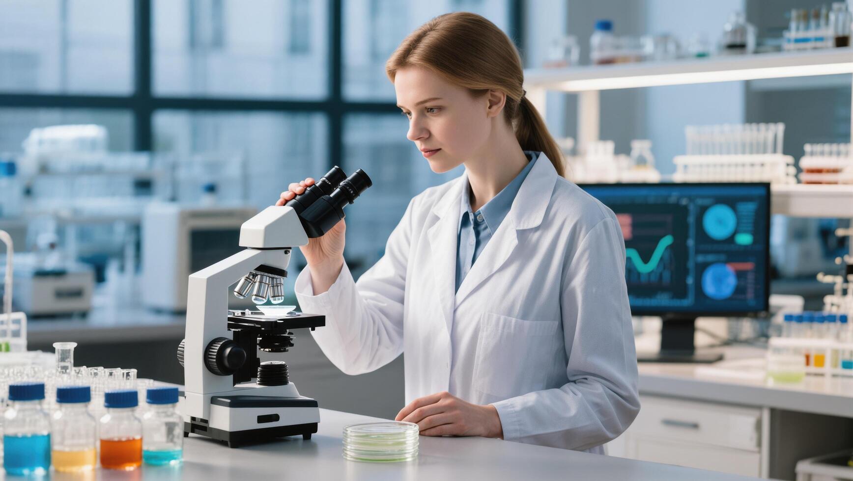 Scientist Analyzing Samples With Microscope in a Modern Laboratory Setting During the Day photo