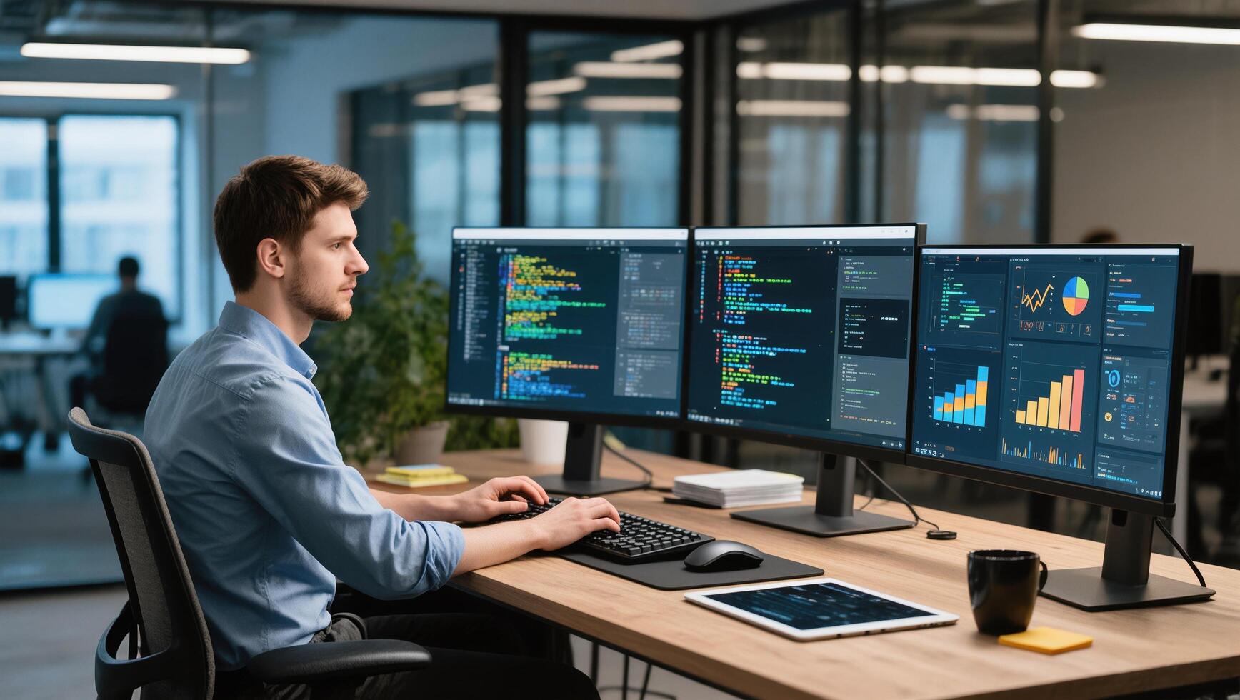 Professional Software Developer Coding in a Modern Office Environment With Multiple Screens photo
