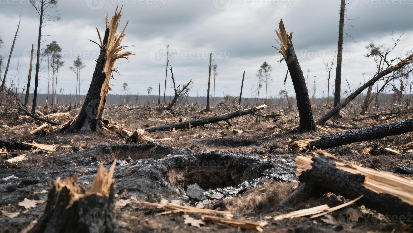 Forest Area Devastated by Logging Activity With Broken Tree Stumps and Charred Earth Showcasing Environmental Impact photo