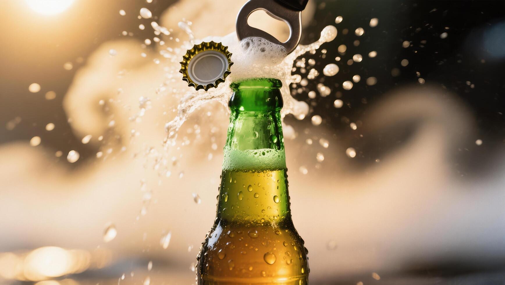 Refreshing Green Bottle of Beer With Exploding Cap During Sunset photo