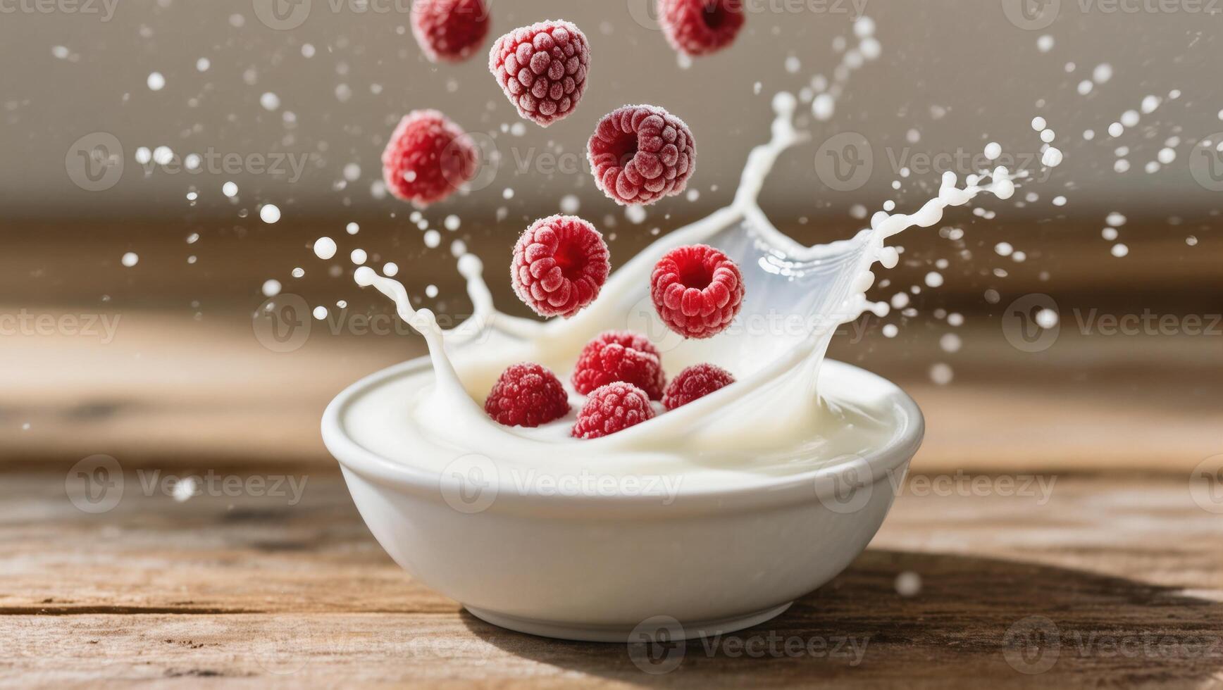 Raspberries Splashing Into a Bowl of Yogurt Creating a Dynamic and Refreshing Scene photo