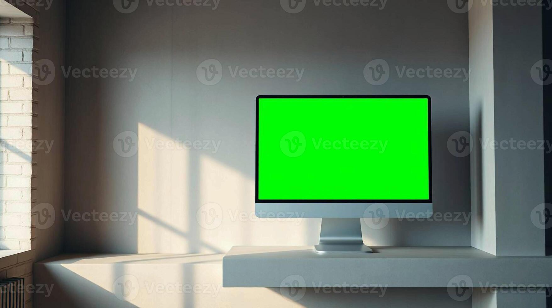 A computer monitor with a green screen in front of a window photo