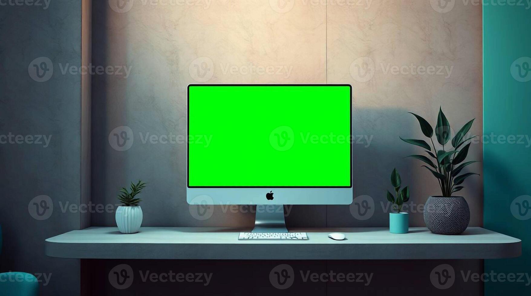 Modern desktop computer with green screen display on a desk photo