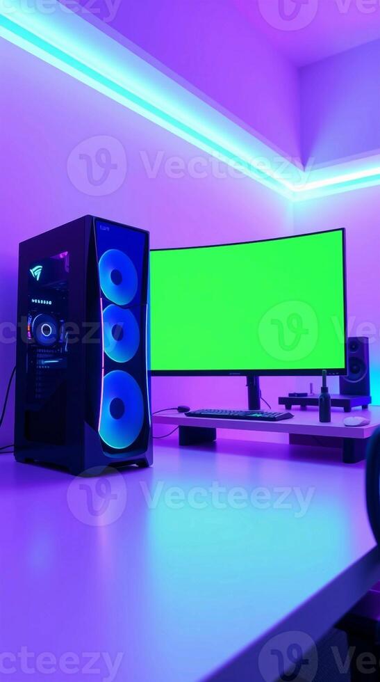 A computer monitor and keyboard are in front of a green screen photo