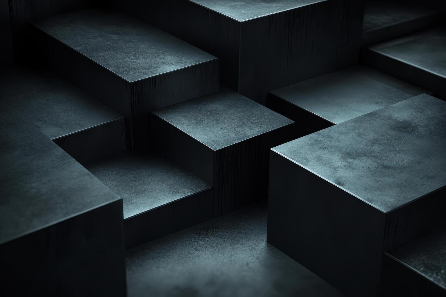 Dark geometric steps create a unique architectural design in a minimalist space photo