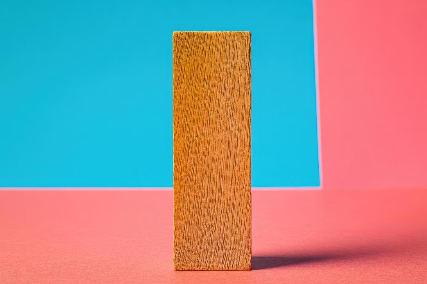 Simple wooden block stands against colorful background in minimalistic design photo
