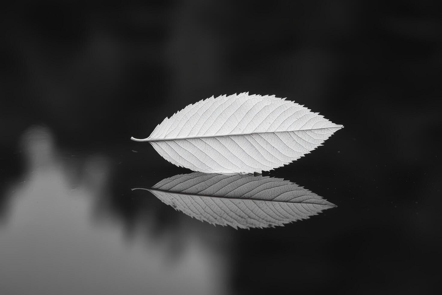 Leaf on smooth surface reflecting like a mirror in black and white photo