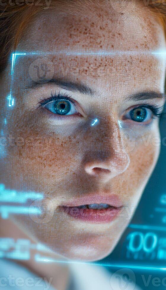 Close-up of a woman's face with digital interface elements displaying in a futuristic setting photo