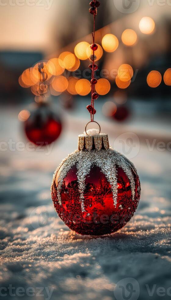 Close-up of a red Christmas ornament with snow on the surface hanging on a string against festive bokeh lights in the background photo