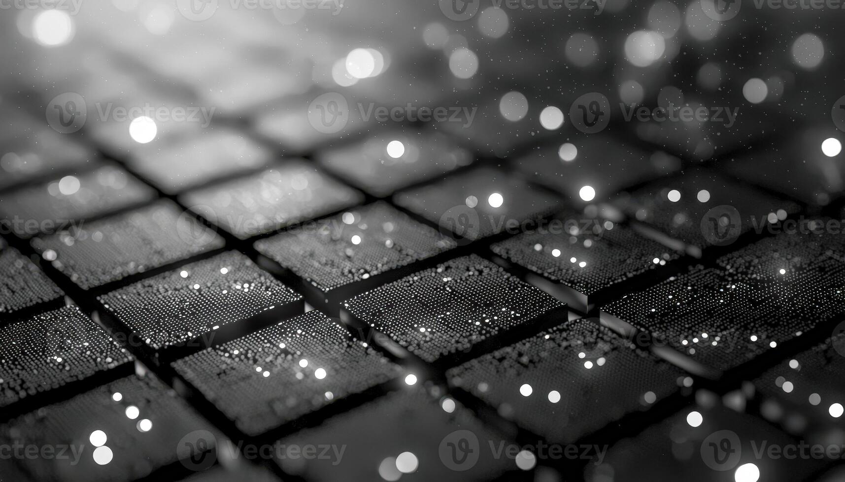 Close-up of a technological device with illuminated microchips and circuit board patterns photo