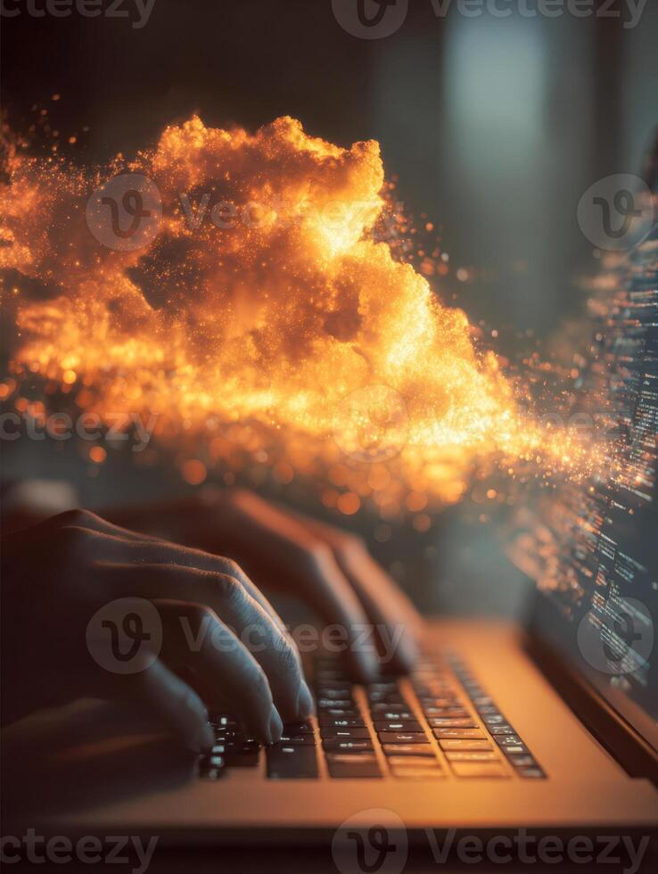 Futuristic digital firestorm a person typing on a laptop with a blazing cloud of glowing particles emerging from the screen, illustrating the power of technology and data processi photo