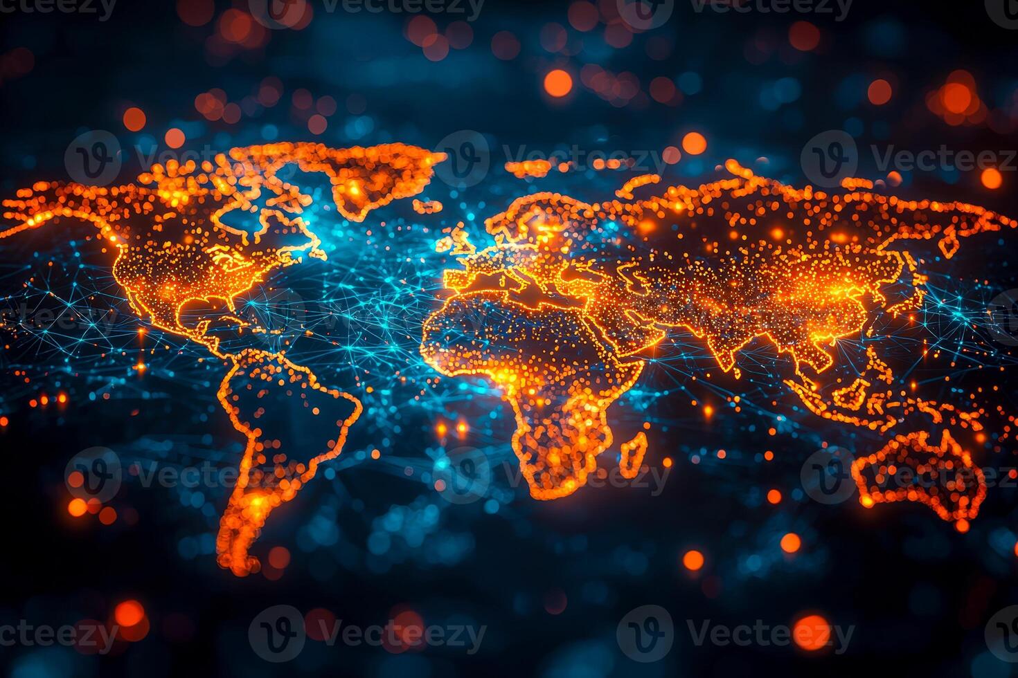 Illuminated world map with digital network connections and glowing outlines of continents in a high-tech futuristic style photo