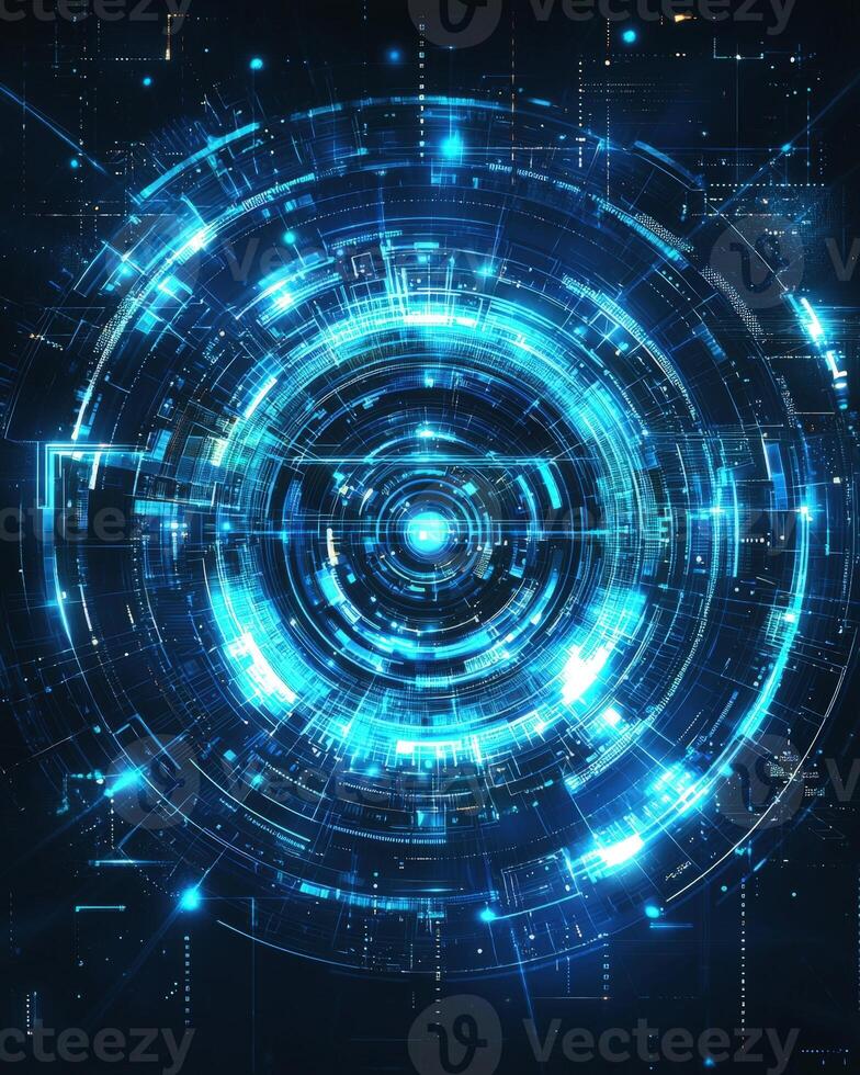 Futuristic digital interface with glowing blue elements and concentric circles photo