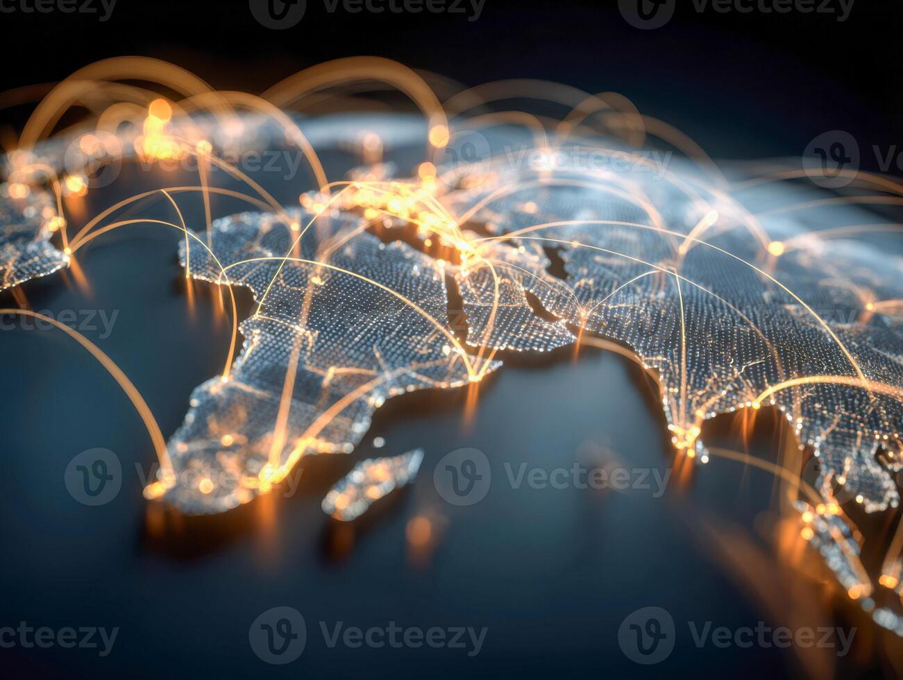 Digital world map with glowing network connections linking continents, symbolizing global communication, internet, data exchange, international business and modern technology photo