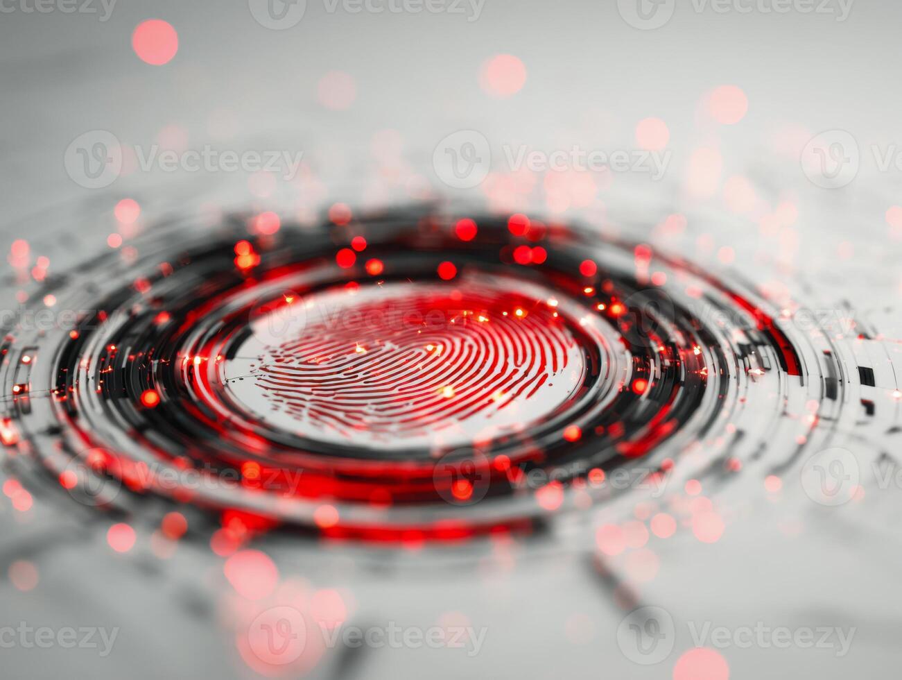 Close-up of glowing digital fingerprint scanner interface with red illuminated circuits symbolizing advanced biometric security technology and identity verification system photo